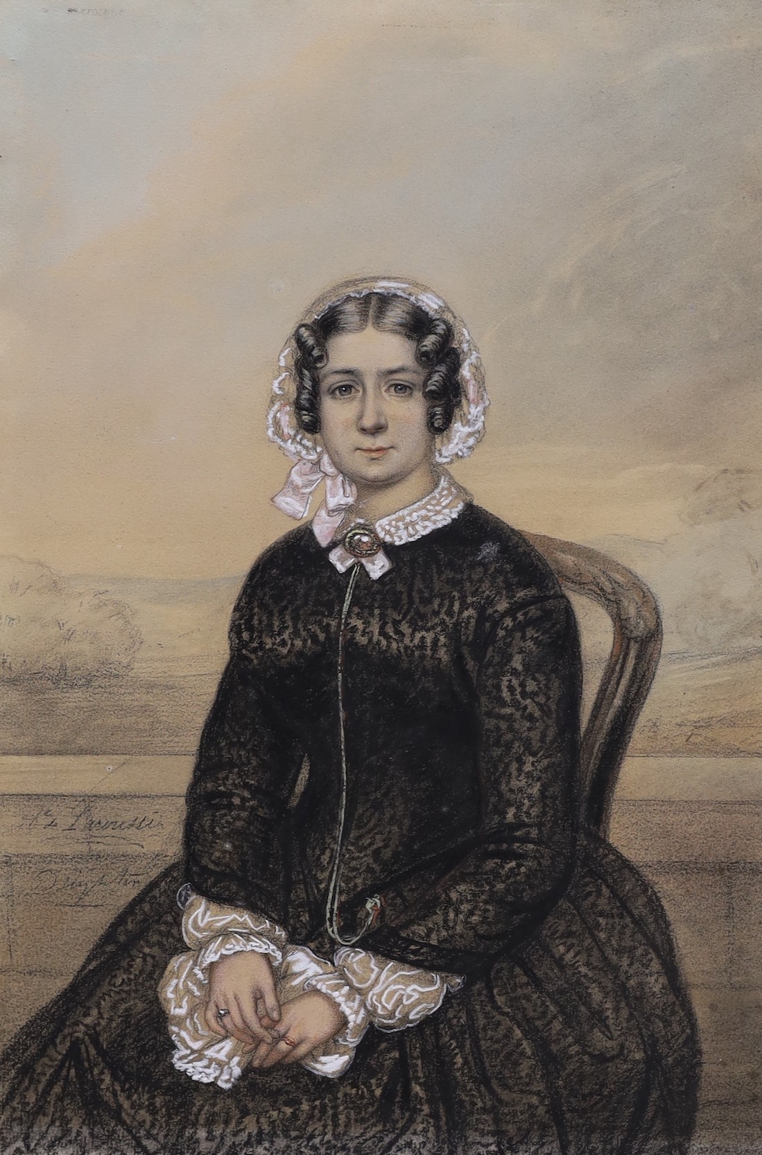 19th century French School, pencil and pastel, Portrait of a seated lady, indistinctly signed, 39 x 27cm, unframed